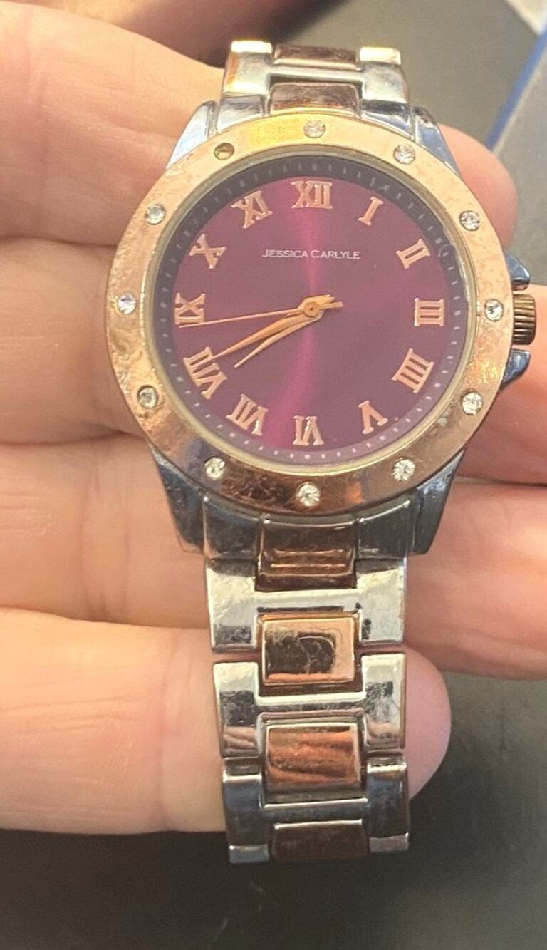 35mm Two Tone Jessica Carlyle Watch, Maroon Face, Crystal Accents
